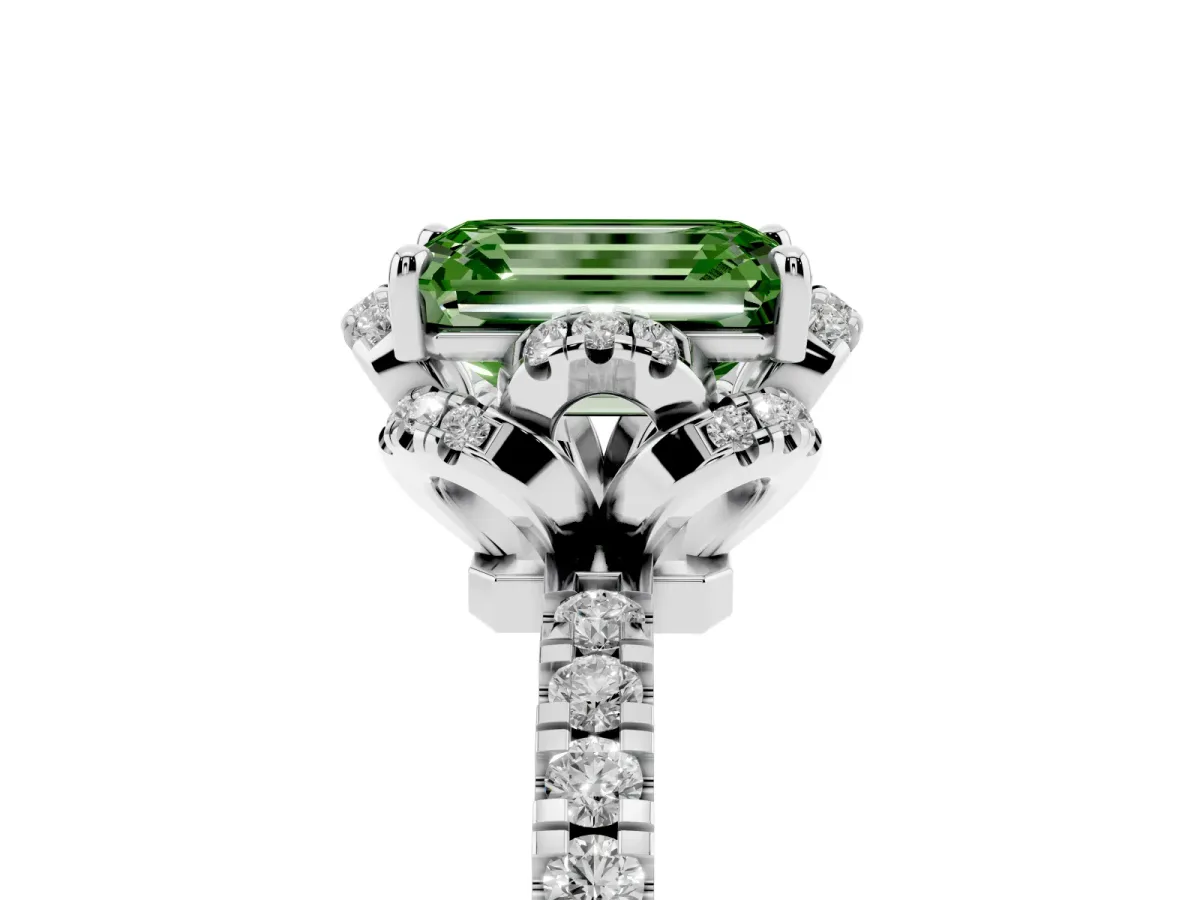 Fancy Green Emerald Cut Diamond Halo Pave Band with Four-Prong Setting Silver