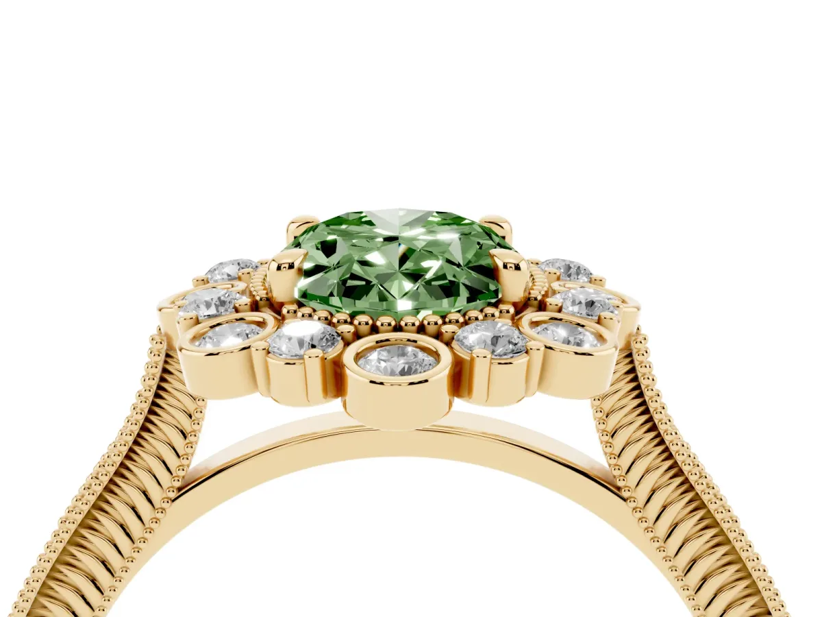 Fancy Green Oval Cut Halo Milgrain Pave Diamond Ring with Four-Prong Setting Yellow gold
