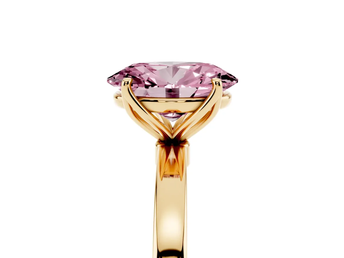 Fancy Pink Oval Cut Diamond Solitaire Ring with Thin Band and Prong Setting Yellow gold