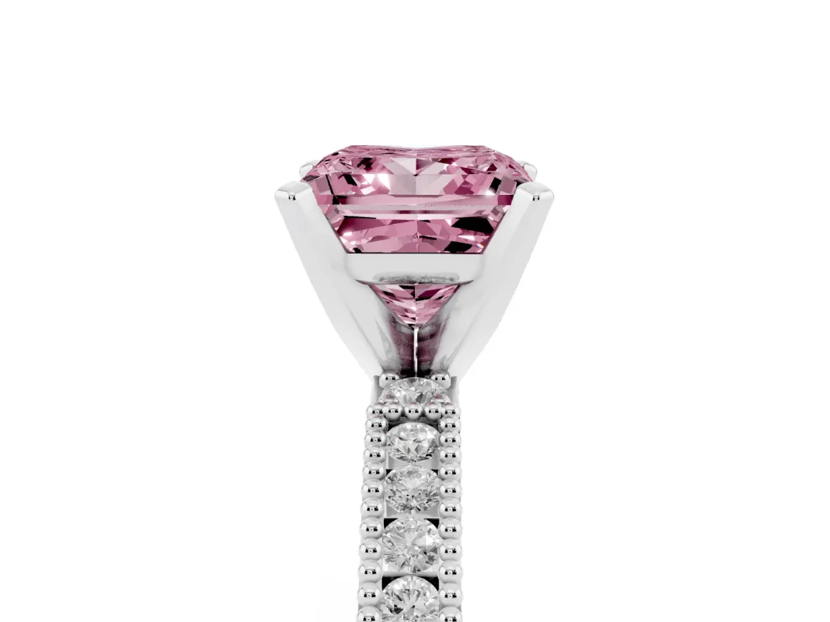 Fancy Pink Princess Cut Solitaire with Pavé Band and Four-Prong Setting Silver