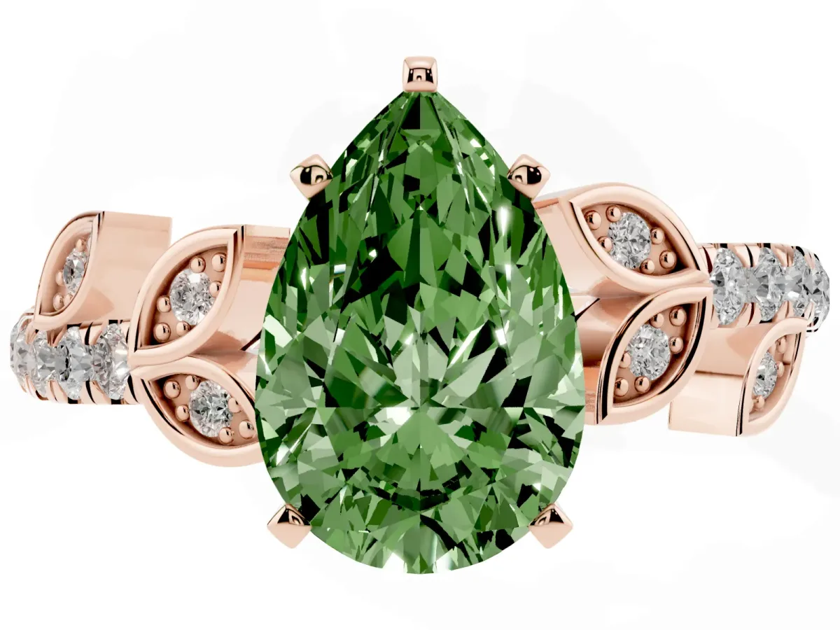 Fancy Green Pear Cut Solitaire Leaf-Inspired Diamond Ring with Pavé Band and Four-Prong Setting Rose gold