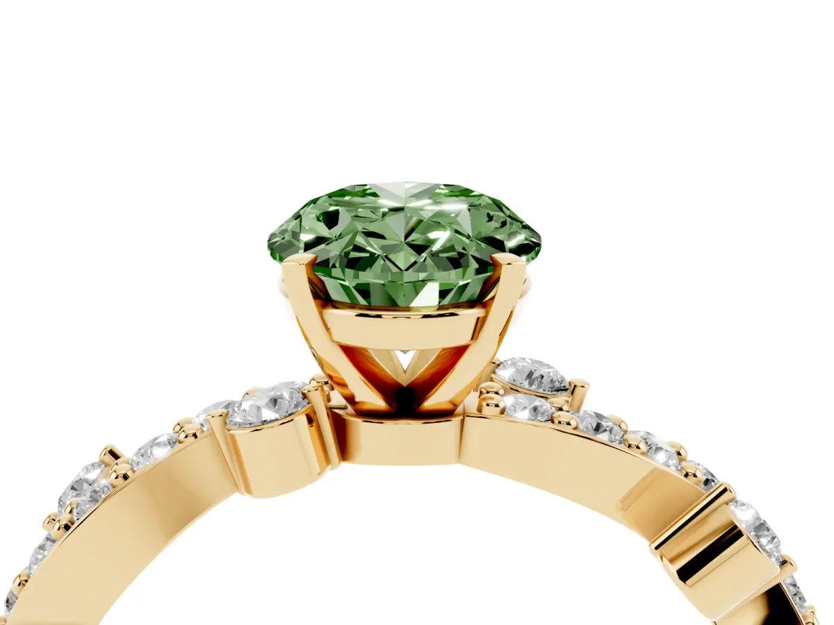 Fancy Green Oval Cut Cut Solitaire Diamond Twisted Band with Pave Setting Yellow gold