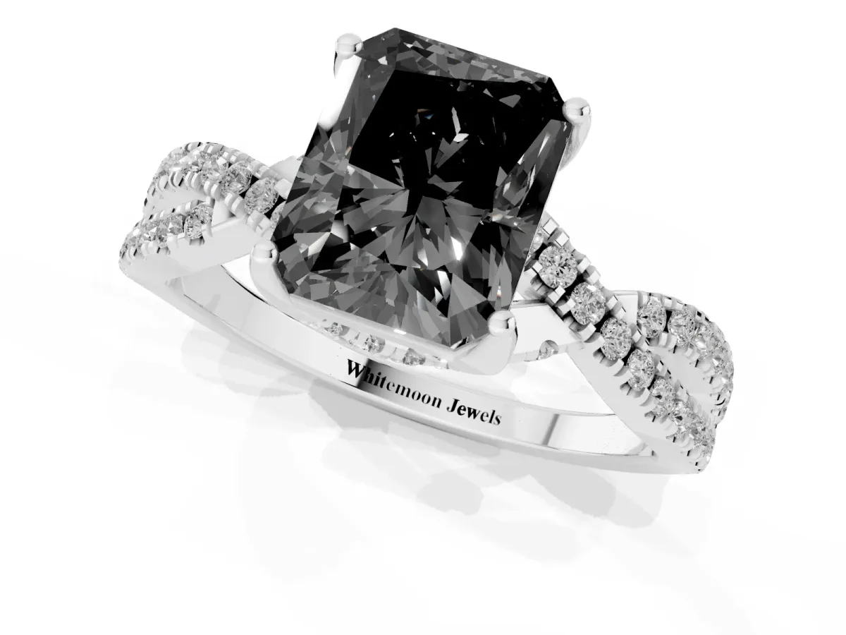 Fancy Black Radiant Cut Solitaire Twist Pave Diamond Engagement Ring with Prong Setting Silver