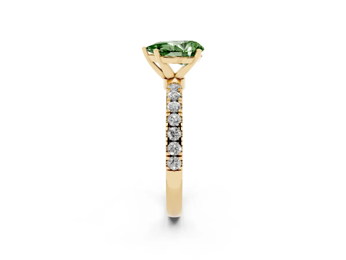 Fancy Green Pear Cut Diamond Solitaire Ring with Pavé Accents and Four-Prong Setting Yellow gold