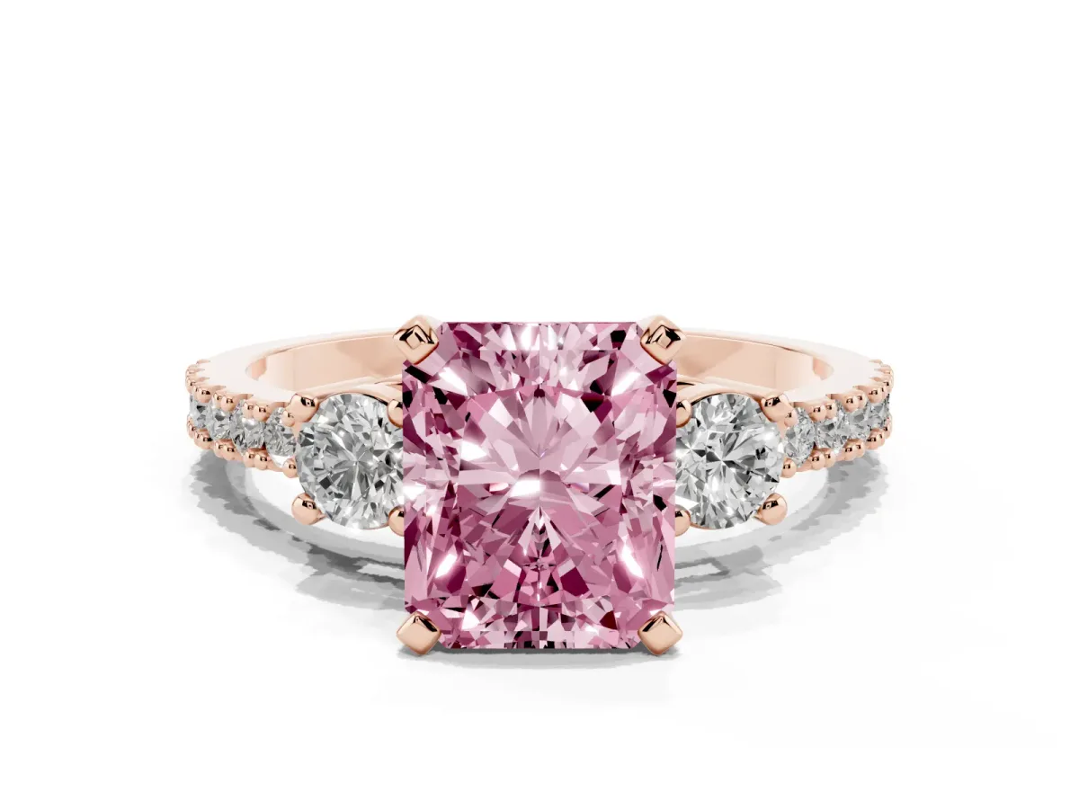 Fancy Pink Radiant Cut Three-Stone Diamond Pavé Band with Prong Setting Rose gold