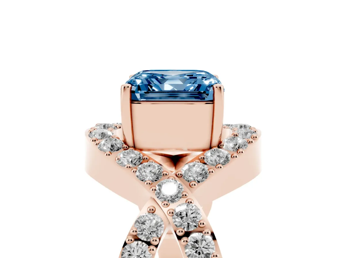 Fancy Blue Asscher Cut Solitaire Twist Band Pavé Diamond Engagement Ring Rose gold