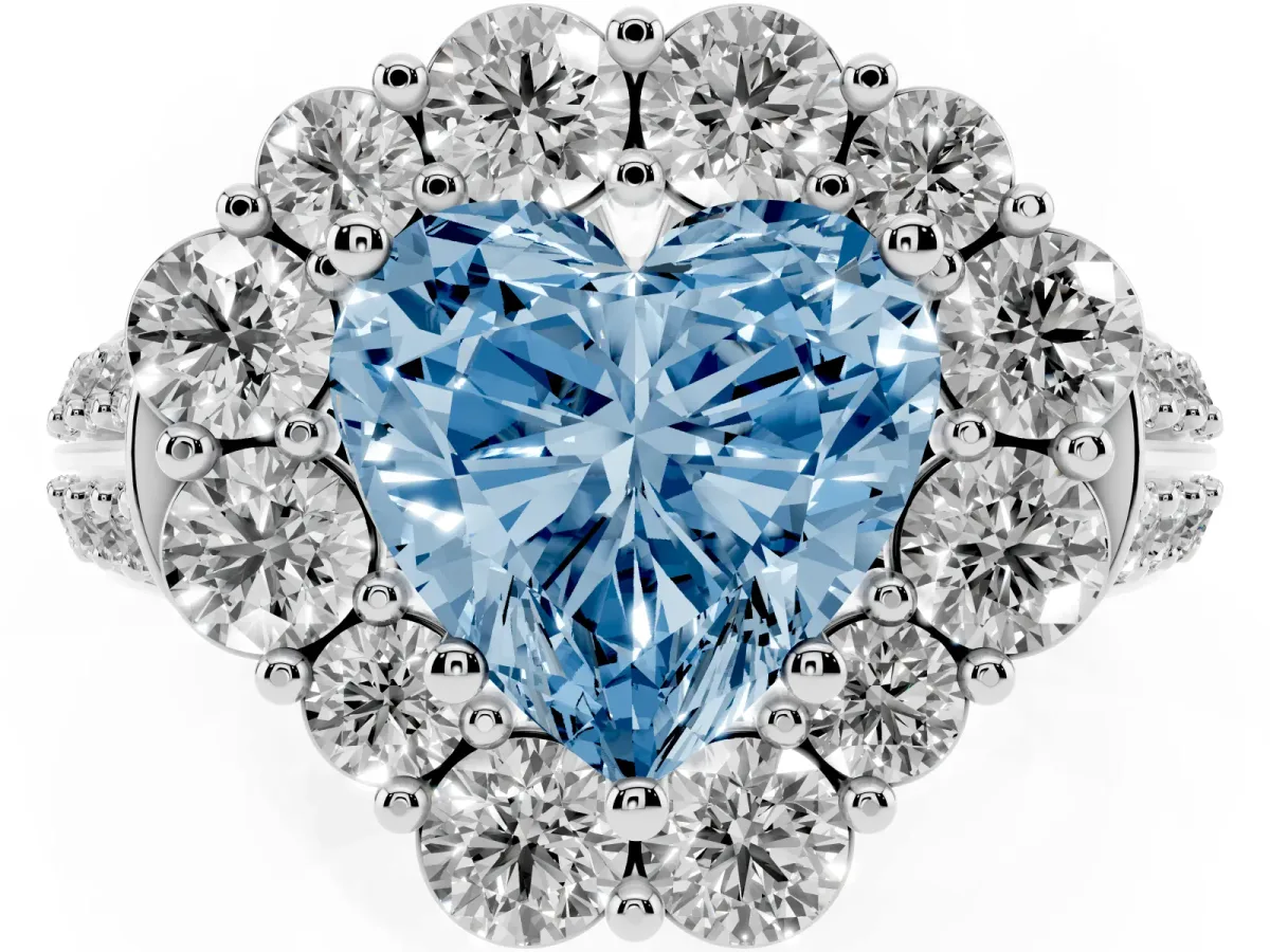 Fancy Blue Heart Cut Halo Diamond Engagement Ring with Split Shank and Prong Setting Silver