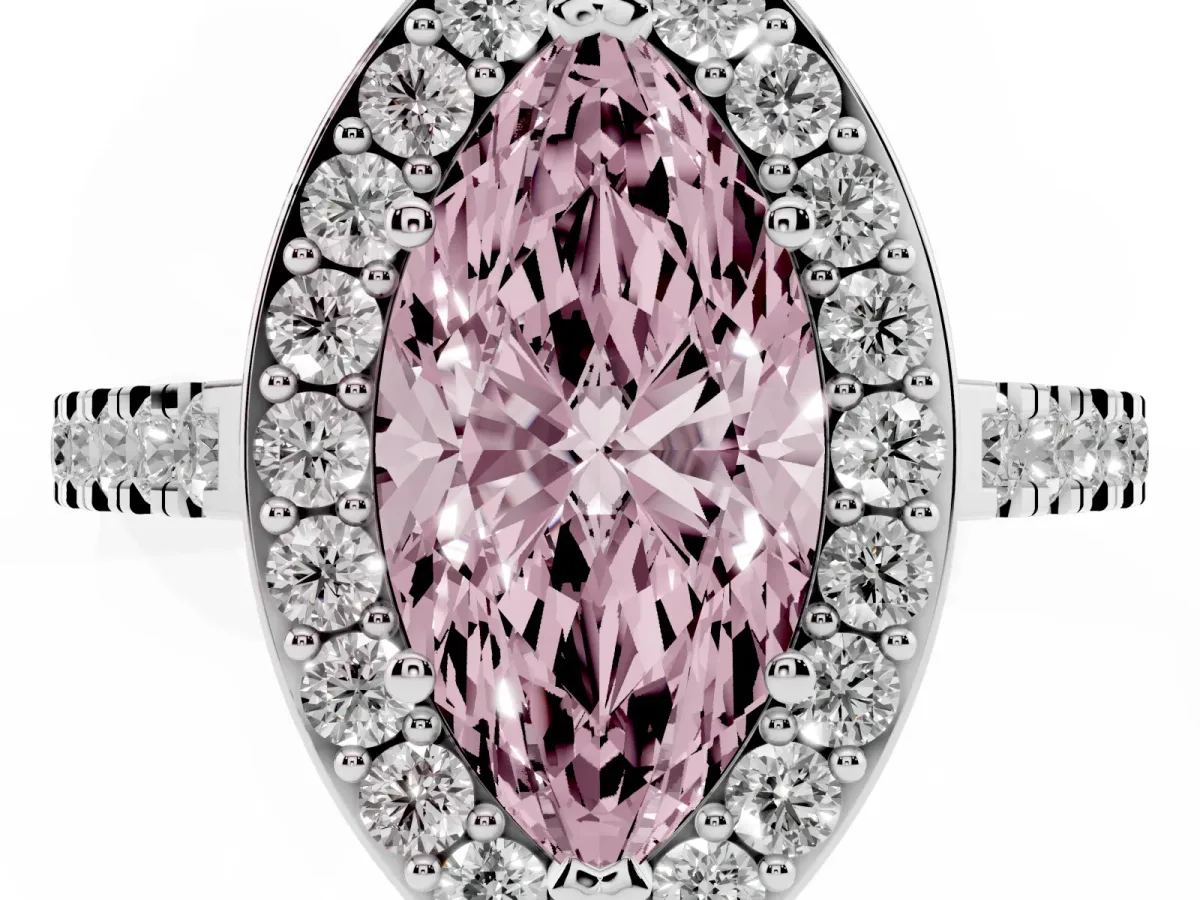 Fancy Pink Marquise Cut Diamond Halo Ring with Round Pavé Split Shank and Prong Setting Silver