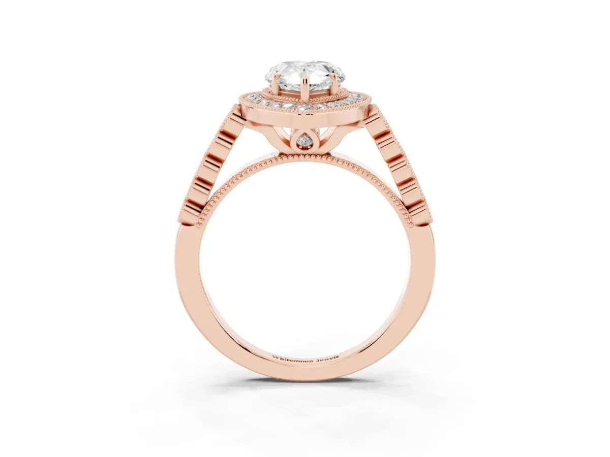 Pear Cut Halo Milgrain Solitaire with Bezel Set Side Stones and Pave Band Rose gold