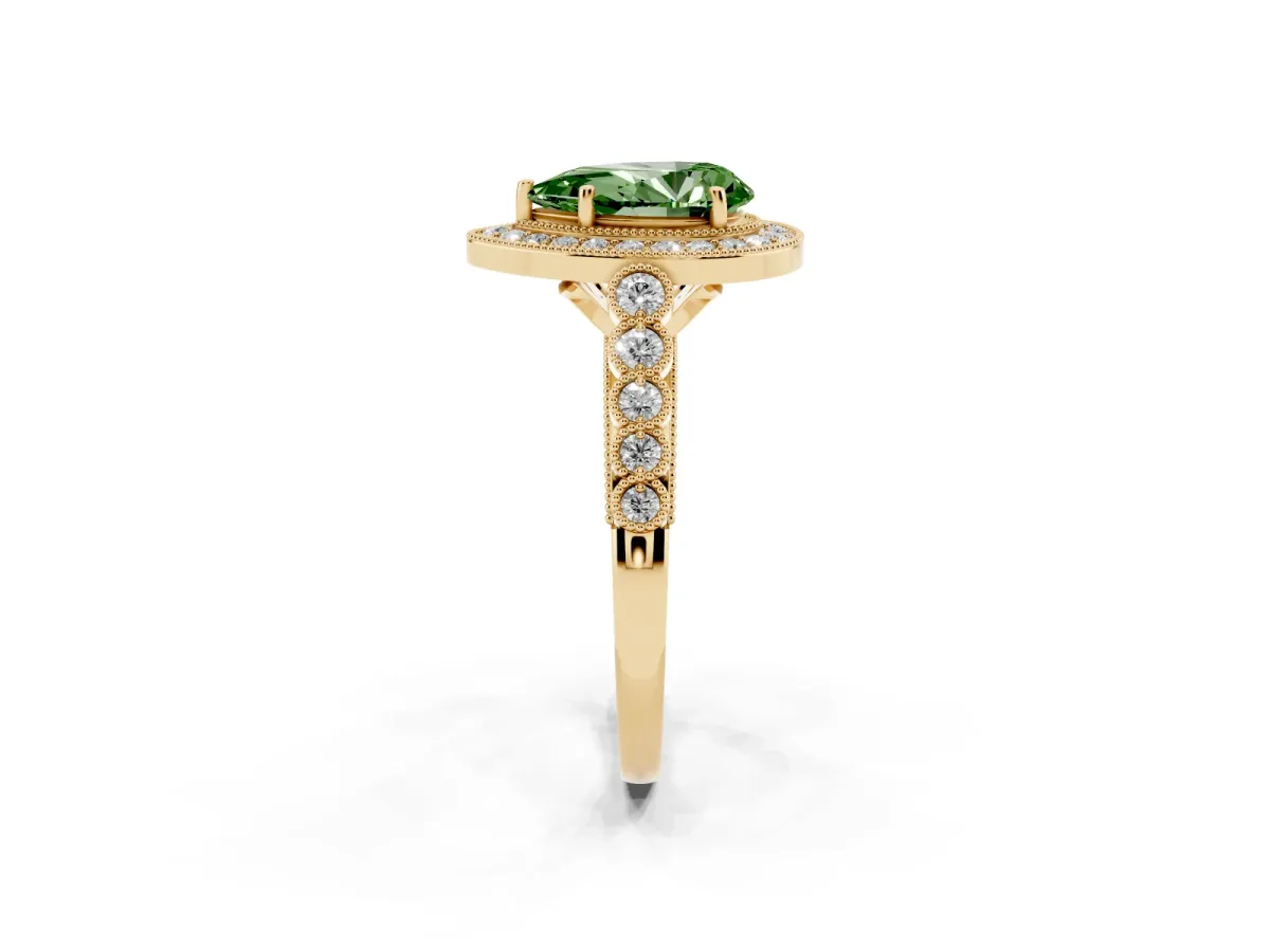 Fancy Green Pear Cut Halo Twist Band Solitaire Ring with Six-Prong Setting Yellow gold