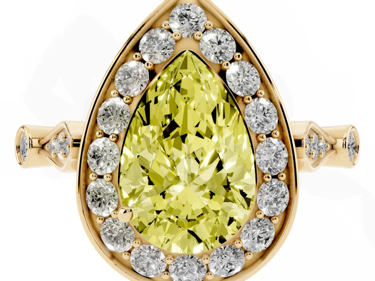 Fancy Yellow Pear Cut Halo Diamond Engagement Ring with Twisted Band and Four-Prong Setting Yellow gold