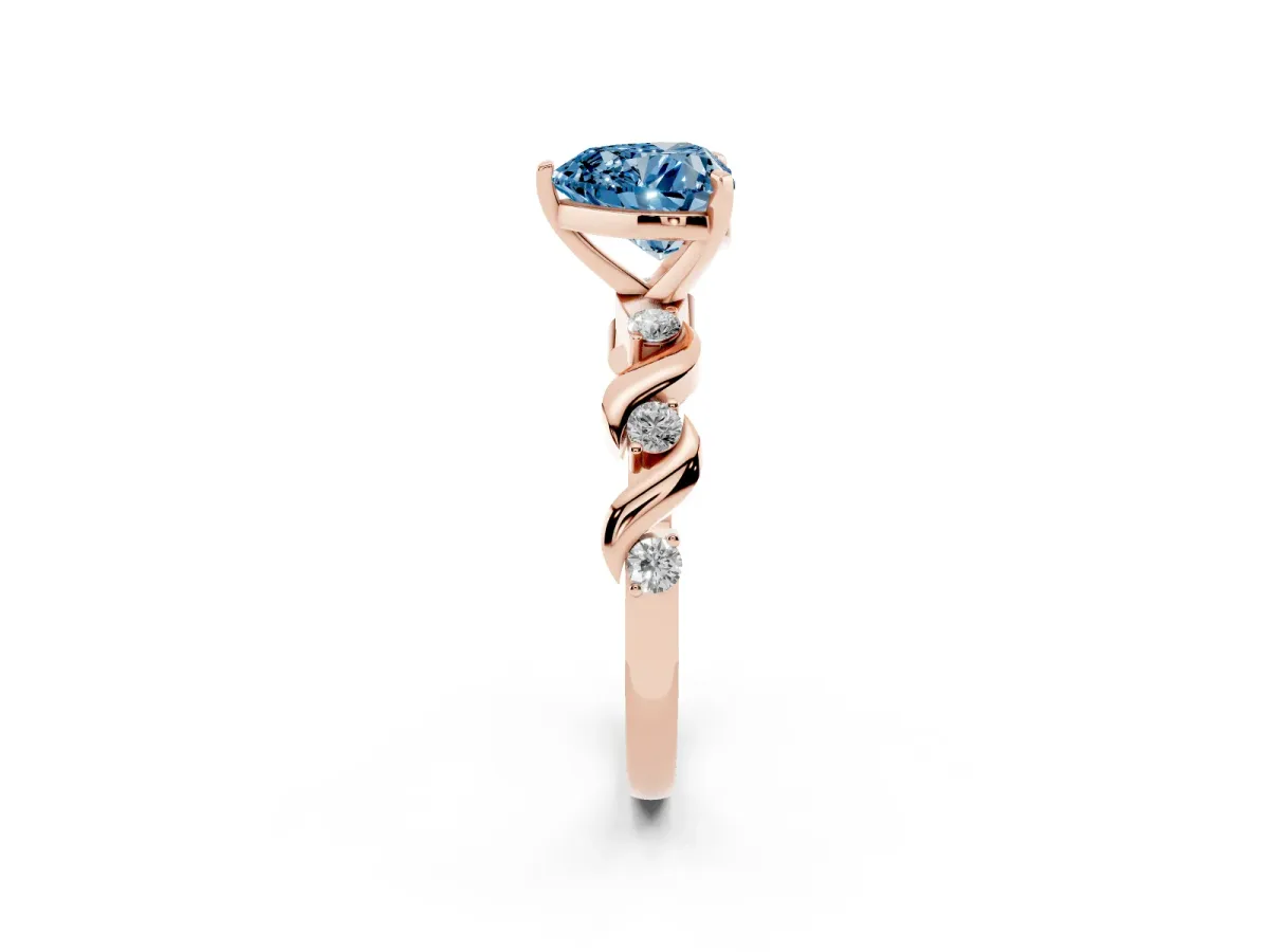 Fancy Blue Heart Cut Diamond Solitaire Twisted Band with Round Accents and Prong Setting Rose gold