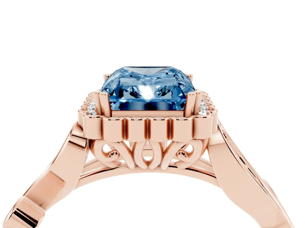 Fancy Blue Radiant Cut Diamond Halo Ring with Vintage Split Shank and Four-Prong Setting Rose gold