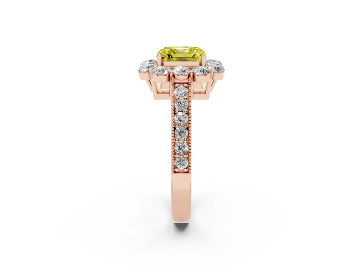 Fancy Yellow Asscher Cut Cut Halo Diamond Pavé Engagement Ring with Milgrain Detailing Rose gold