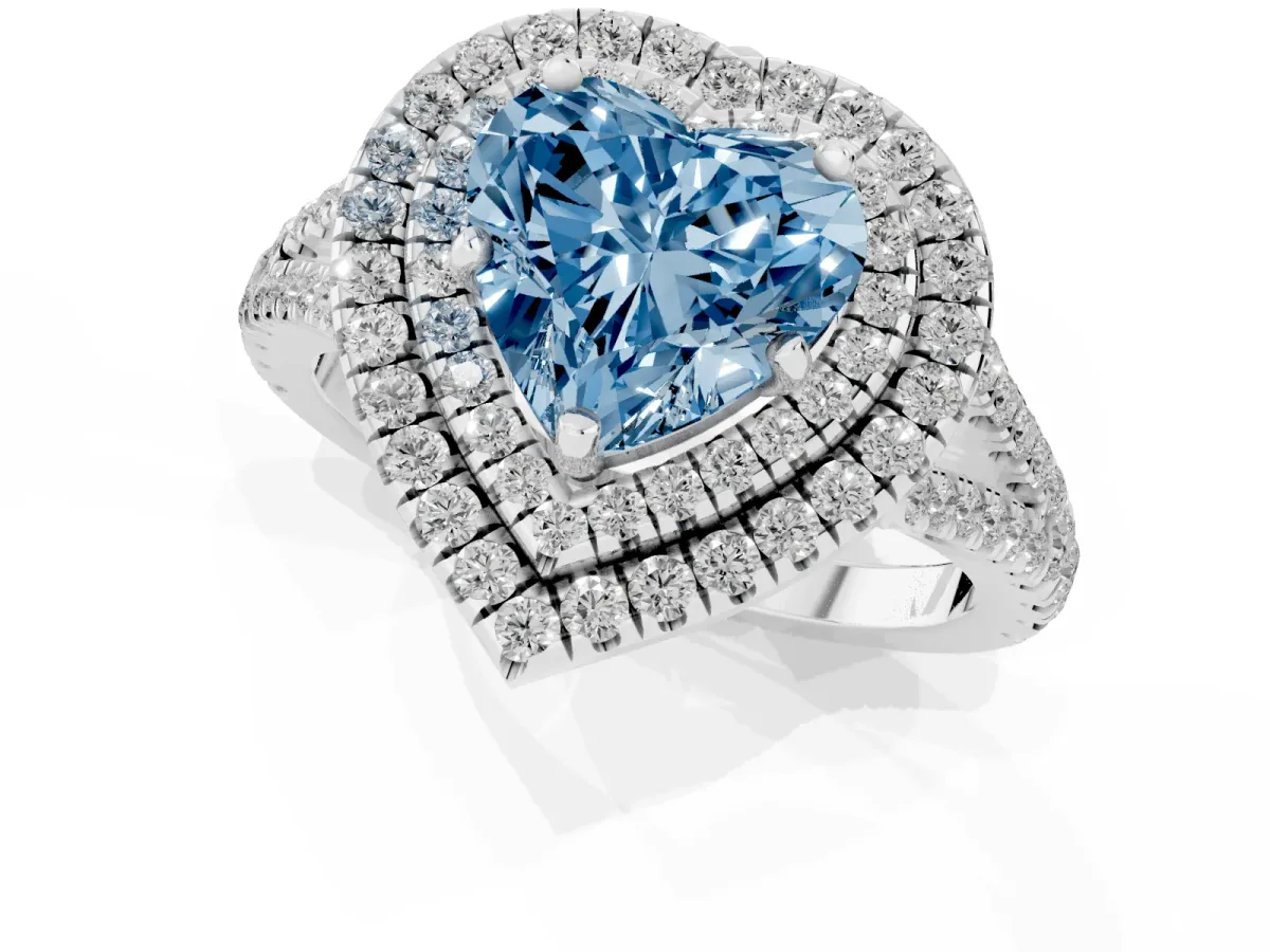 Fancy Blue Heart Cut Diamond Double Halo Ring with Pavé Band and Prong Setting Silver