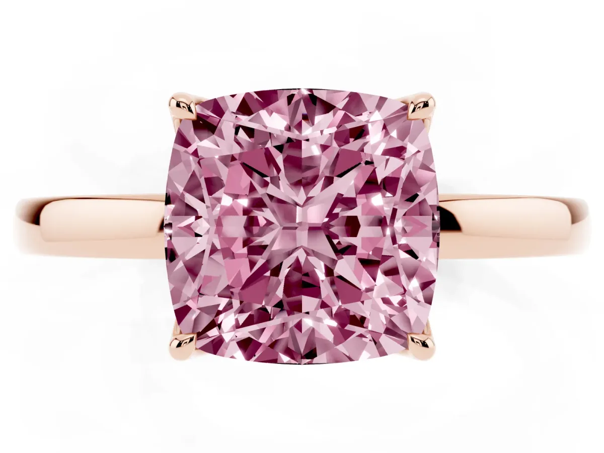 Fancy Pink Cushion Cut Diamond Solitaire Ring with Thin Band and Prong Setting Rose gold