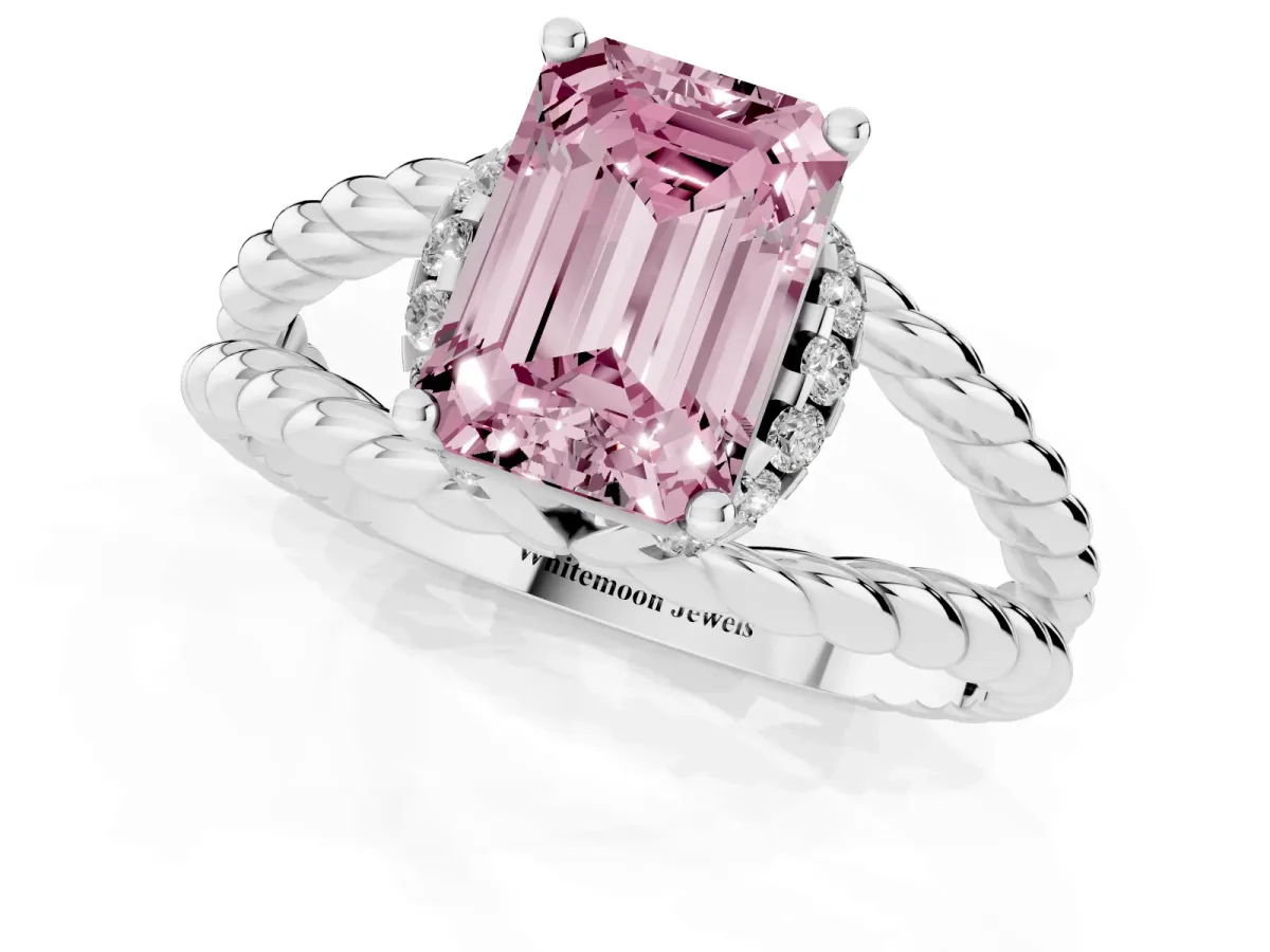 Fancy Pink Emerald Cut Halo Twisted Band Four-Prong Ring Silver