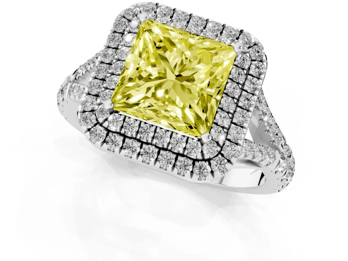 Fancy Yellow Princess Cut Cut Double Halo Split Shank Diamond Ring with Prong Setting Silver
