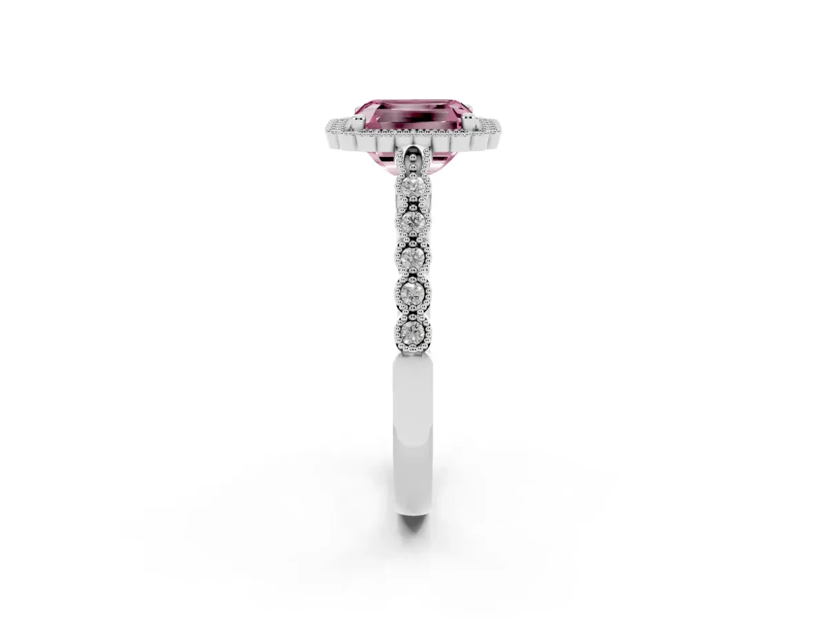 Fancy Pink Radiant Cut Cut Halo Pavé Solitaire Ring with Milgrain Band White gold
