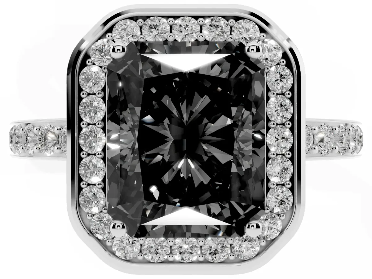 Fancy Black Radiant Cut Diamond Halo Ring with Bezel Frame and Pavé Band Silver