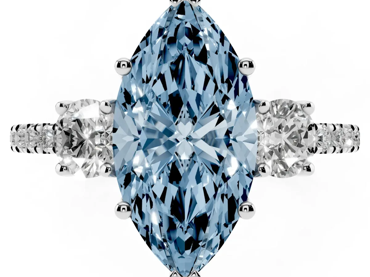 Fancy Blue Three-Stone Marquise Cut Cut Diamond Pavé Band with Prong Setting Platinum