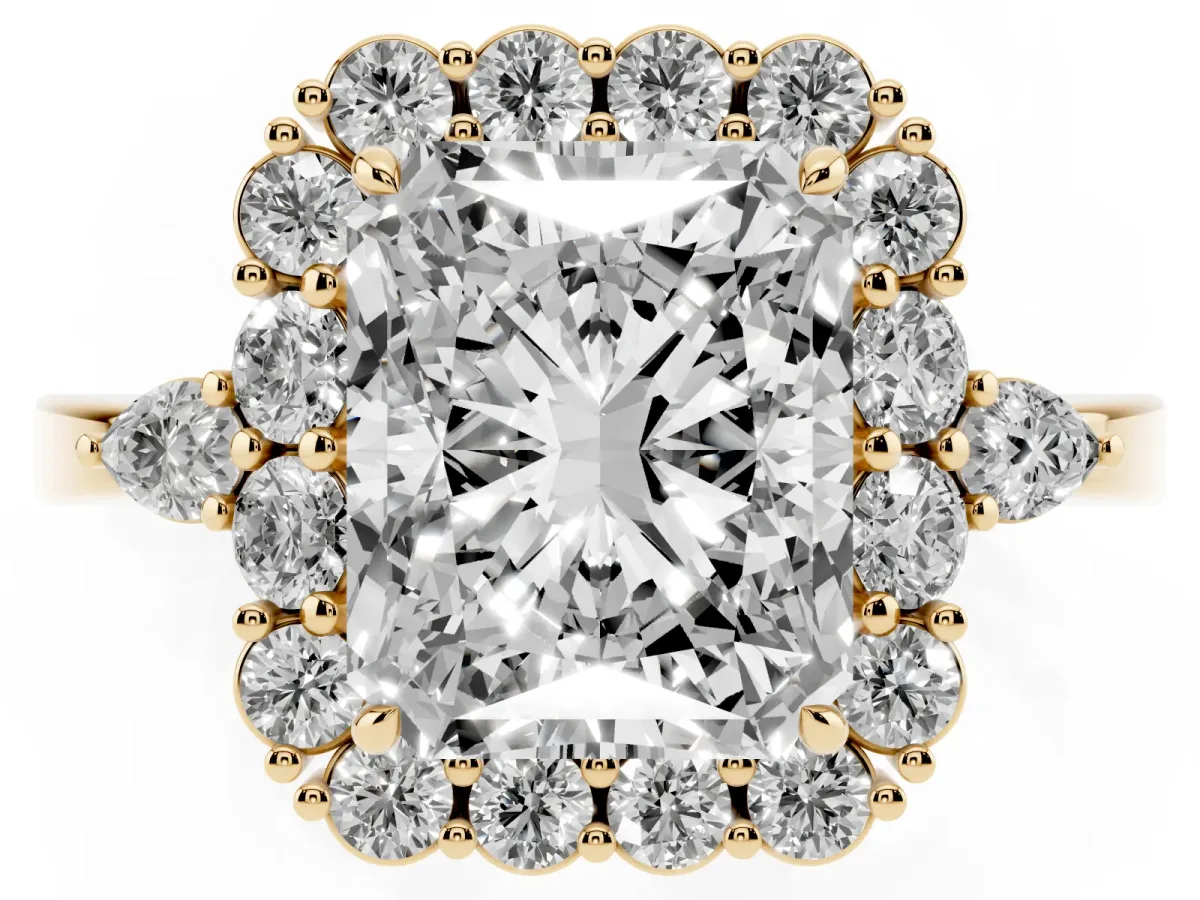 Radiant Cut Diamond Halo Ring with Pear Side Stones and Prong Setting Yellow gold