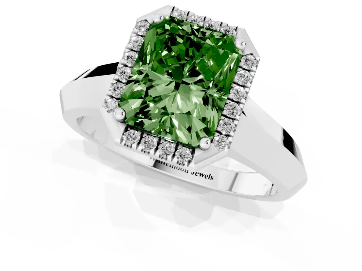Fancy Green Radiant Cut Halo Diamond Ring with Cathedral Band and Four-Prong Setting White gold