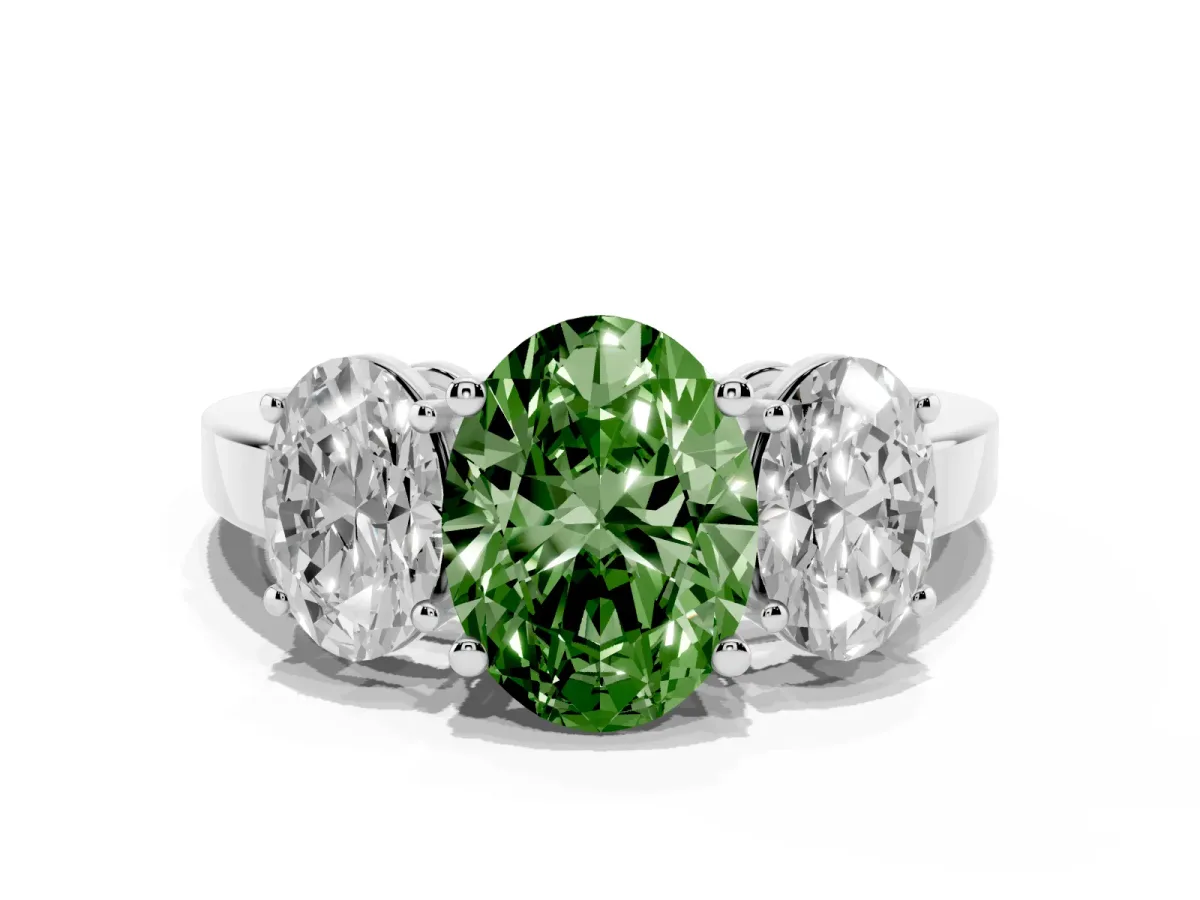 Fancy Green Three-Stone Oval Cut Cut Diamond Engagement Ring with Flat Band and Four-Prong Setting Silver