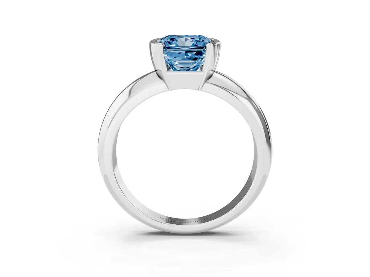 Fancy Blue Princess Cut Solitaire Tension Set Diamond Ring with Wide Band Silver