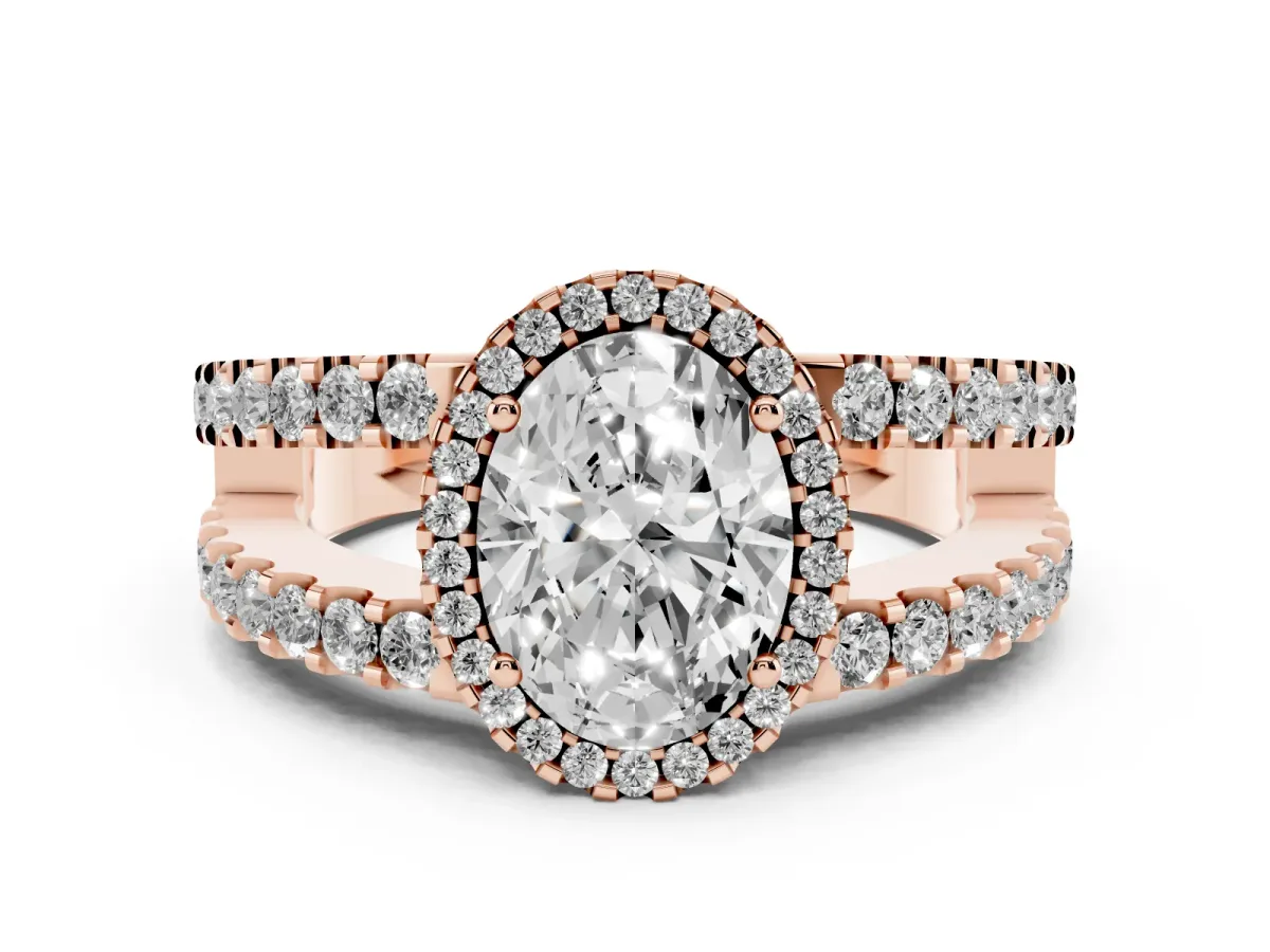 Oval Cut Cut Halo Split Shank Diamond Ring with Four-Prong Setting Rose gold