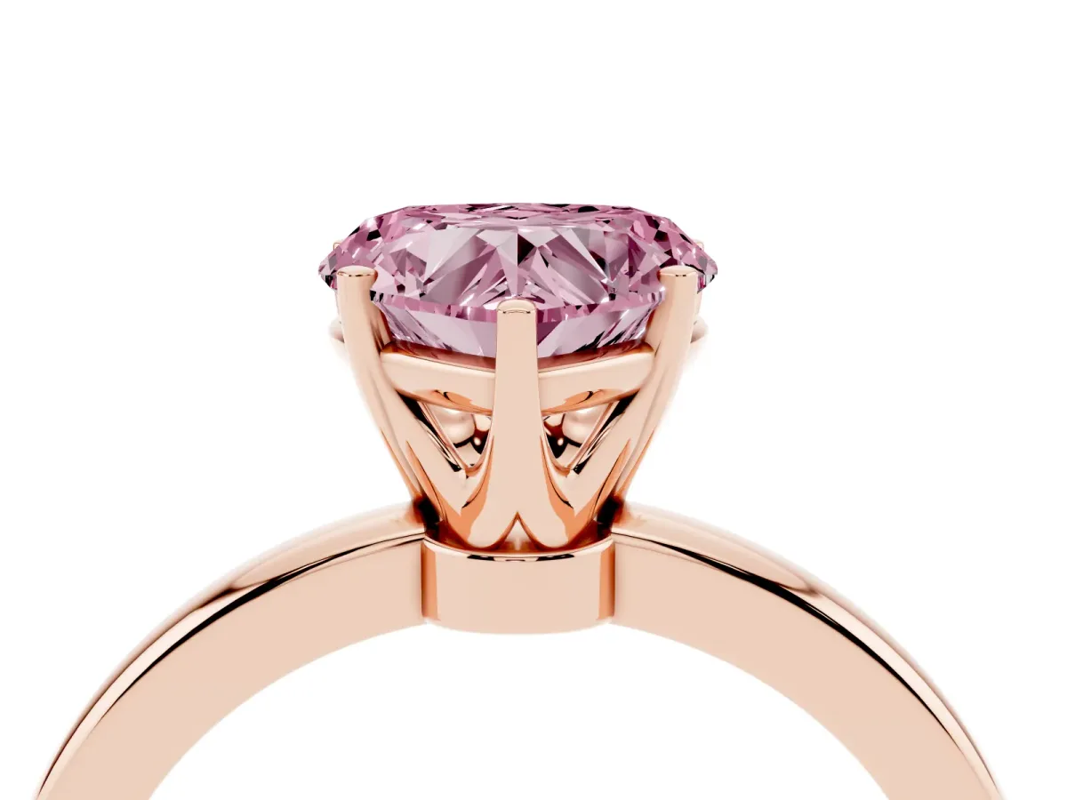 Fancy Pink Heart Cut Solitaire Diamond Ring with Six-Prong Setting on a Classic Band Rose gold
