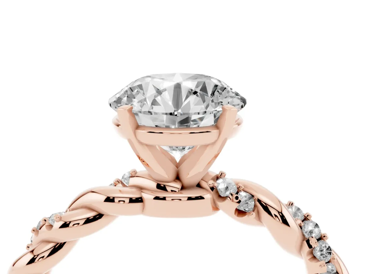 Round Cut Diamond Solitaire Ring with Twisted Band and Pavé Accents Rose gold