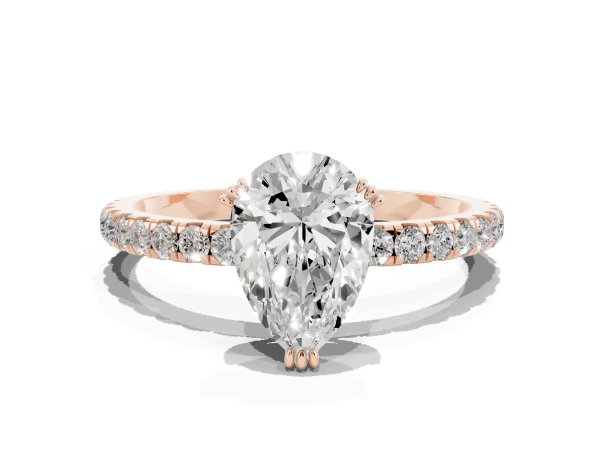 Pear Cut Brilliant Solitaire with Pavé Band and Claw Prong Setting Rose gold