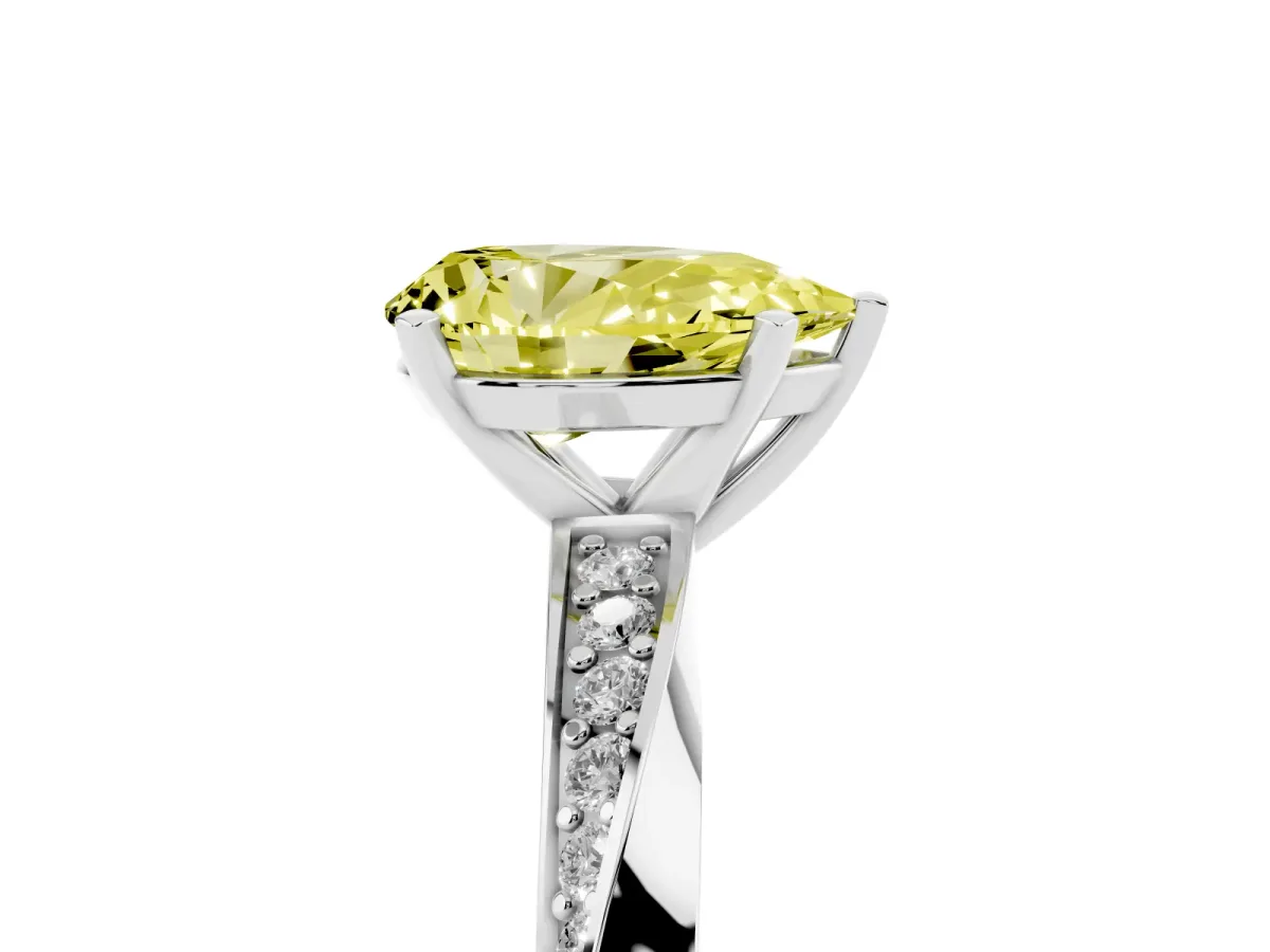 Fancy Yellow Pear Cut Diamond Engagement Ring with Side Stone Accents and Four-Prong Setting Platinum