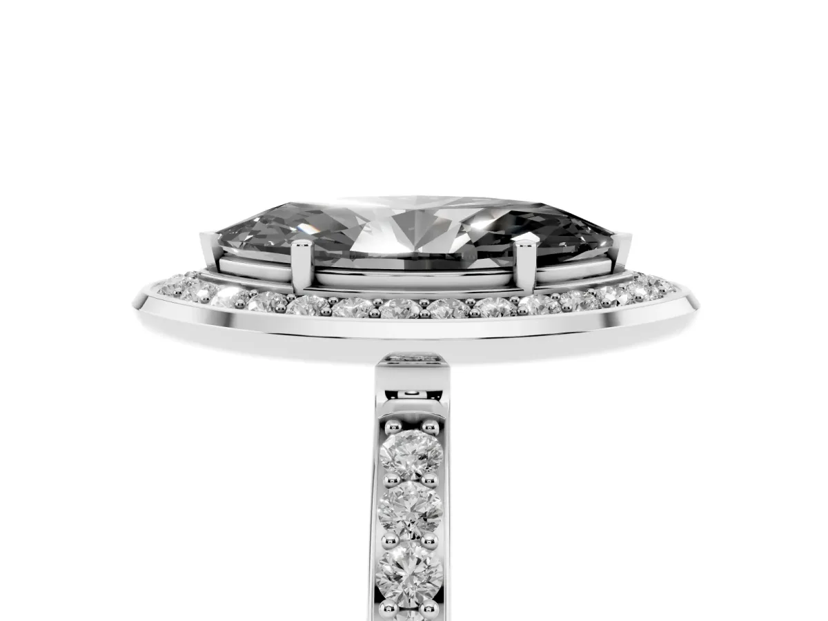 Fancy Black Marquise Cut Diamond Halo Ring with Bezel Frame and Pavé Band Silver