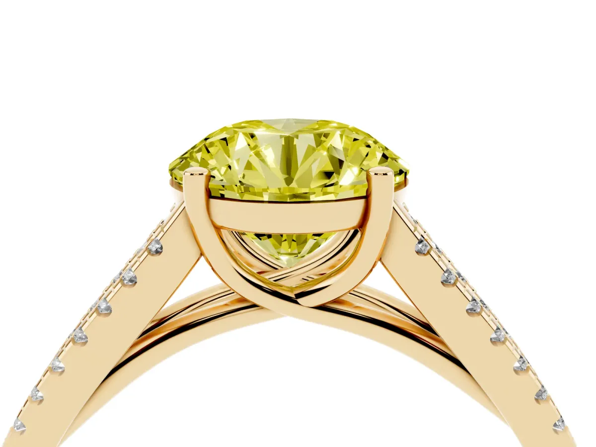 Fancy Yellow Round Cut Diamond Solitaire Engagement Ring with Split Shank Pavé Band Yellow gold
