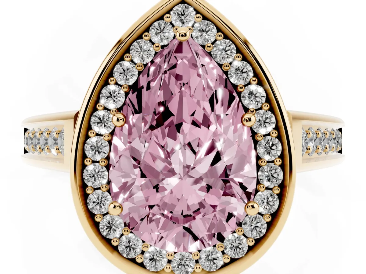Fancy Pink Pear Cut Halo Solitaire Diamond Ring with Pave Band and Bezel Setting Yellow gold