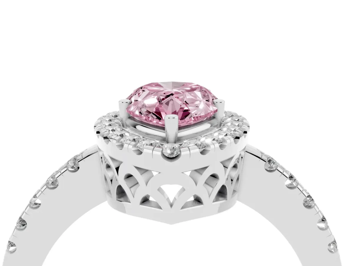 Fancy Pink Pear Cut Halo Diamond Engagement Ring with Pavé Band and Four-Prong Setting Silver