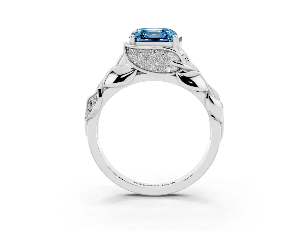 Fancy Blue Asscher Cut Diamond Leaf-Inspired Engagement Ring with Round Accents and Prong Setting Silver