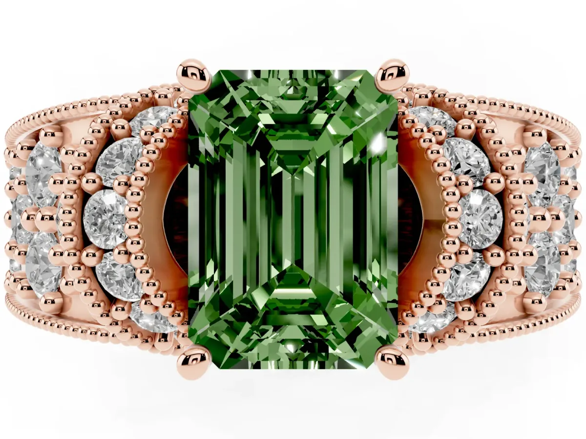Fancy Green Emerald Cut Halo Pave Diamond Engagement Ring with Milgrain Detailing Rose gold
