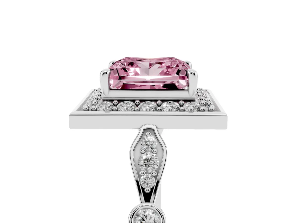 Fancy Pink Princess Cut Halo Diamond Engagement Ring with Twisted Band and Four-Prong Setting Platinum
