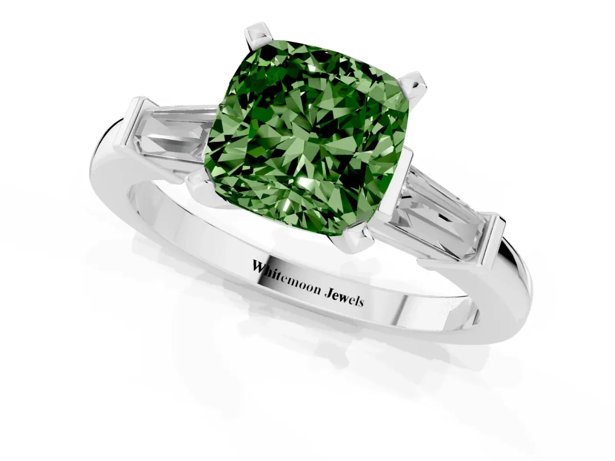Fancy Green Cushion Cut Cut Diamond Solitaire Ring with Tapered Baguette Accents and Four-Prong Setting Silver