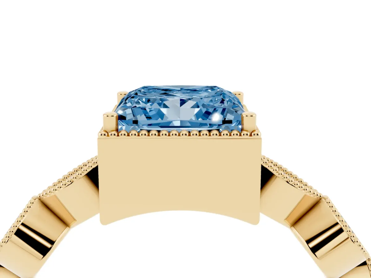 Fancy Blue Princess Cut Diamond Vintage Milgrain Ring with Round Stations Yellow gold