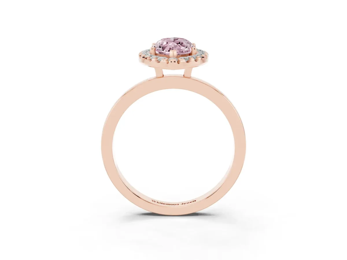 Fancy Pink Marquise Cut Halo Diamond Solitaire with Pavé Band and Four-Prong Setting Rose gold
