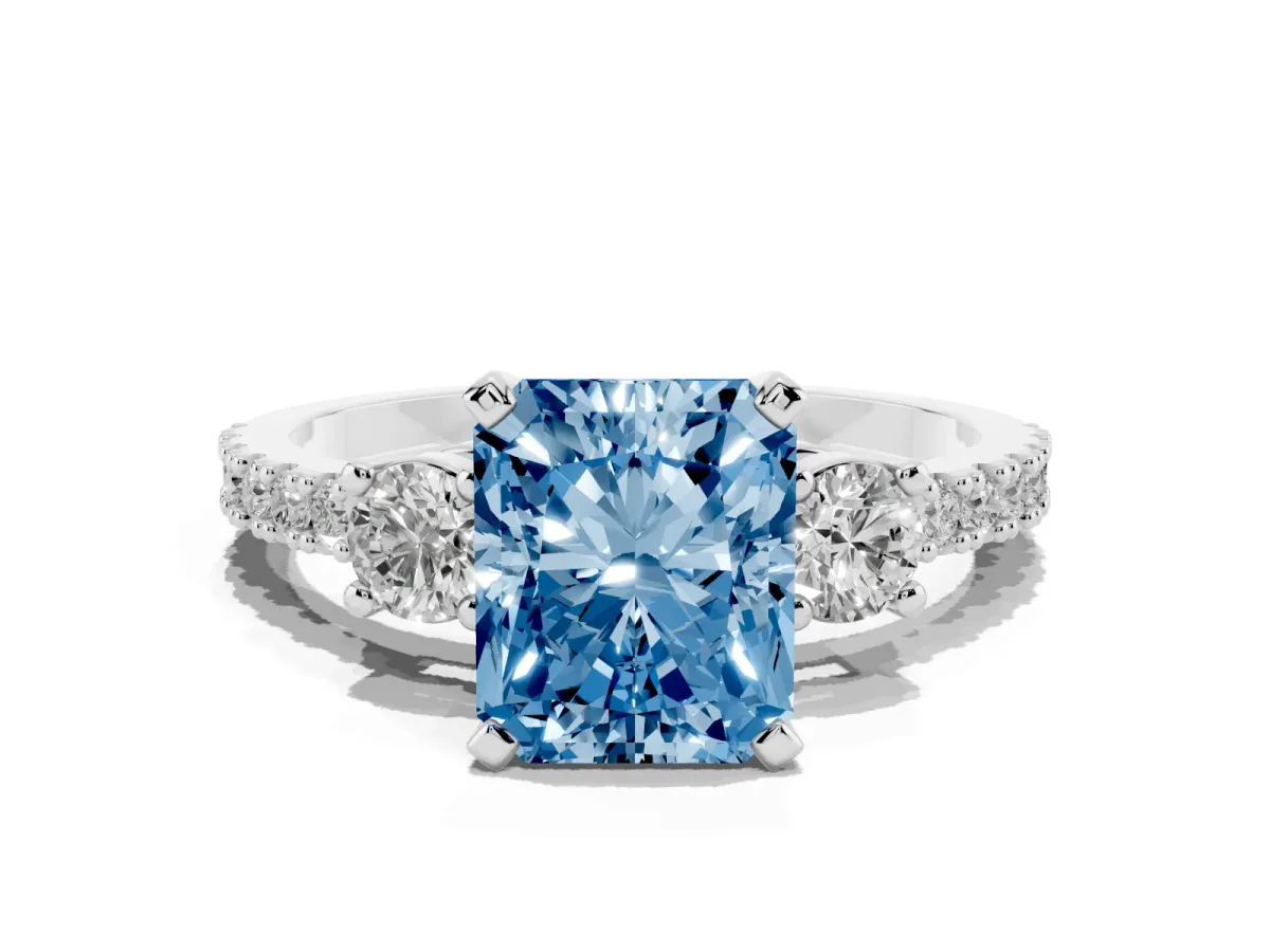 Fancy Blue Radiant Cut Three-Stone Diamond Pavé Band with Prong Setting Silver