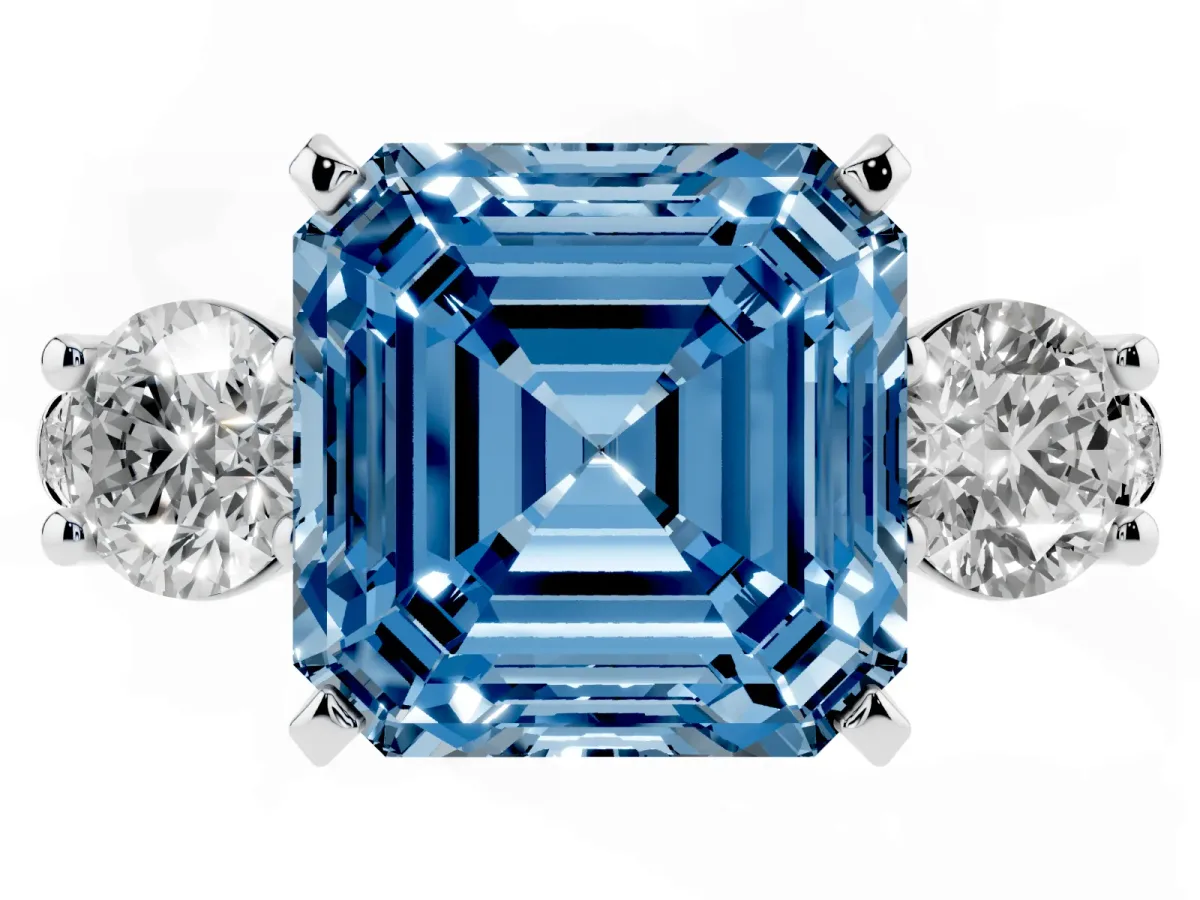 Fancy Blue Three-Stone Asscher Cut Diamond Pavé Band with Four-Prong Setting Platinum