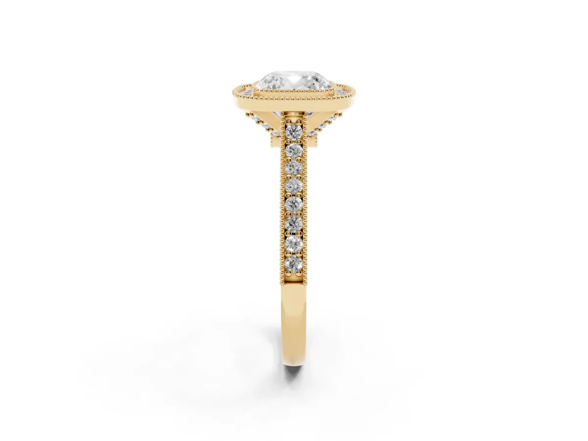 Halo Cushion Cut-Cut Diamond Pave Band Milgrain Prong Setting Ring Yellow gold