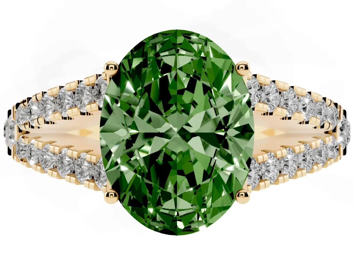 Fancy Green Oval Cut Diamond Split Shank Engagement Ring with Round Pavé and Prong Setting Yellow gold