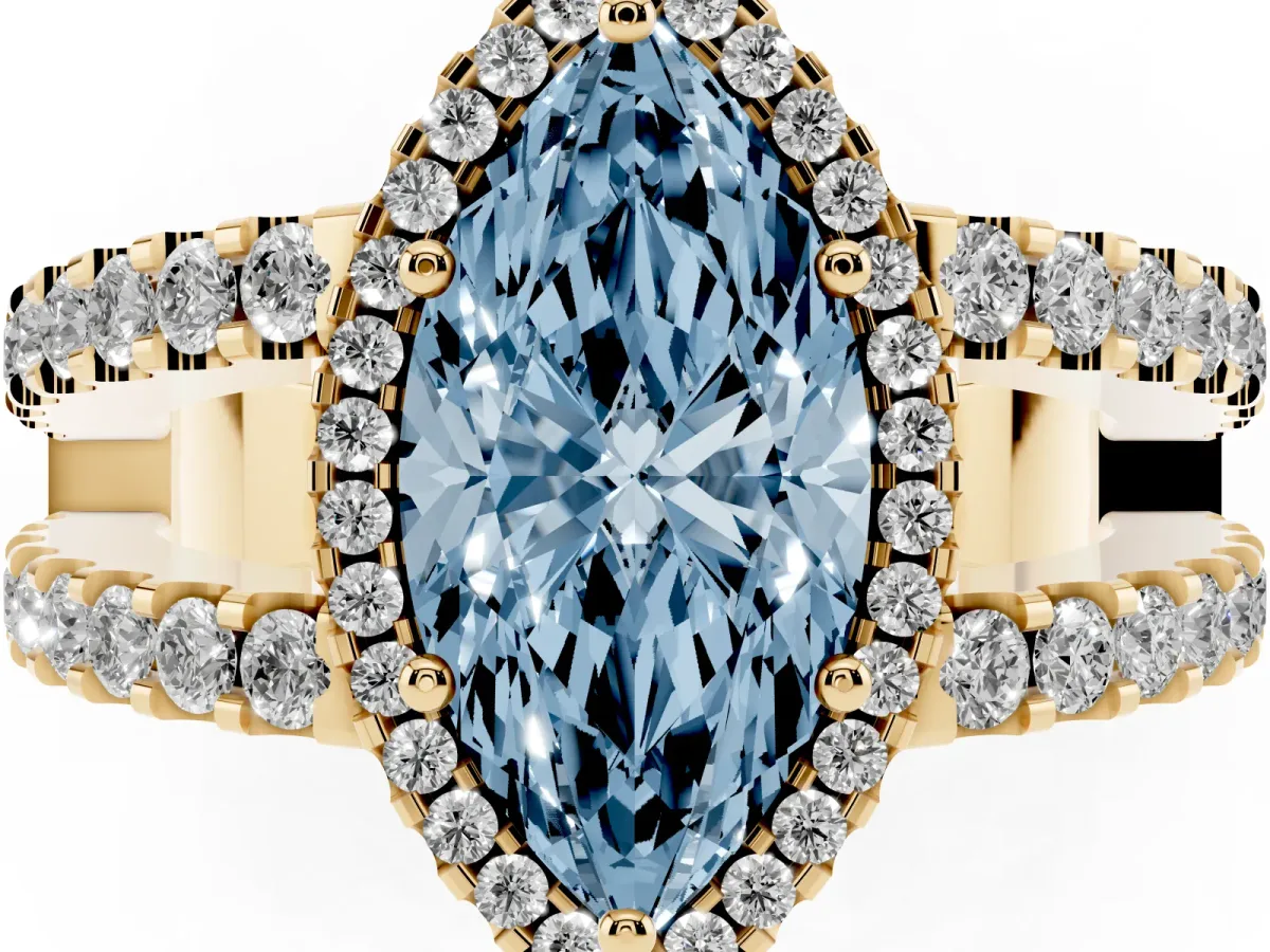 Fancy Blue Marquise Cut Cut Halo Split Shank Diamond Ring with Four-Prong Setting Yellow gold