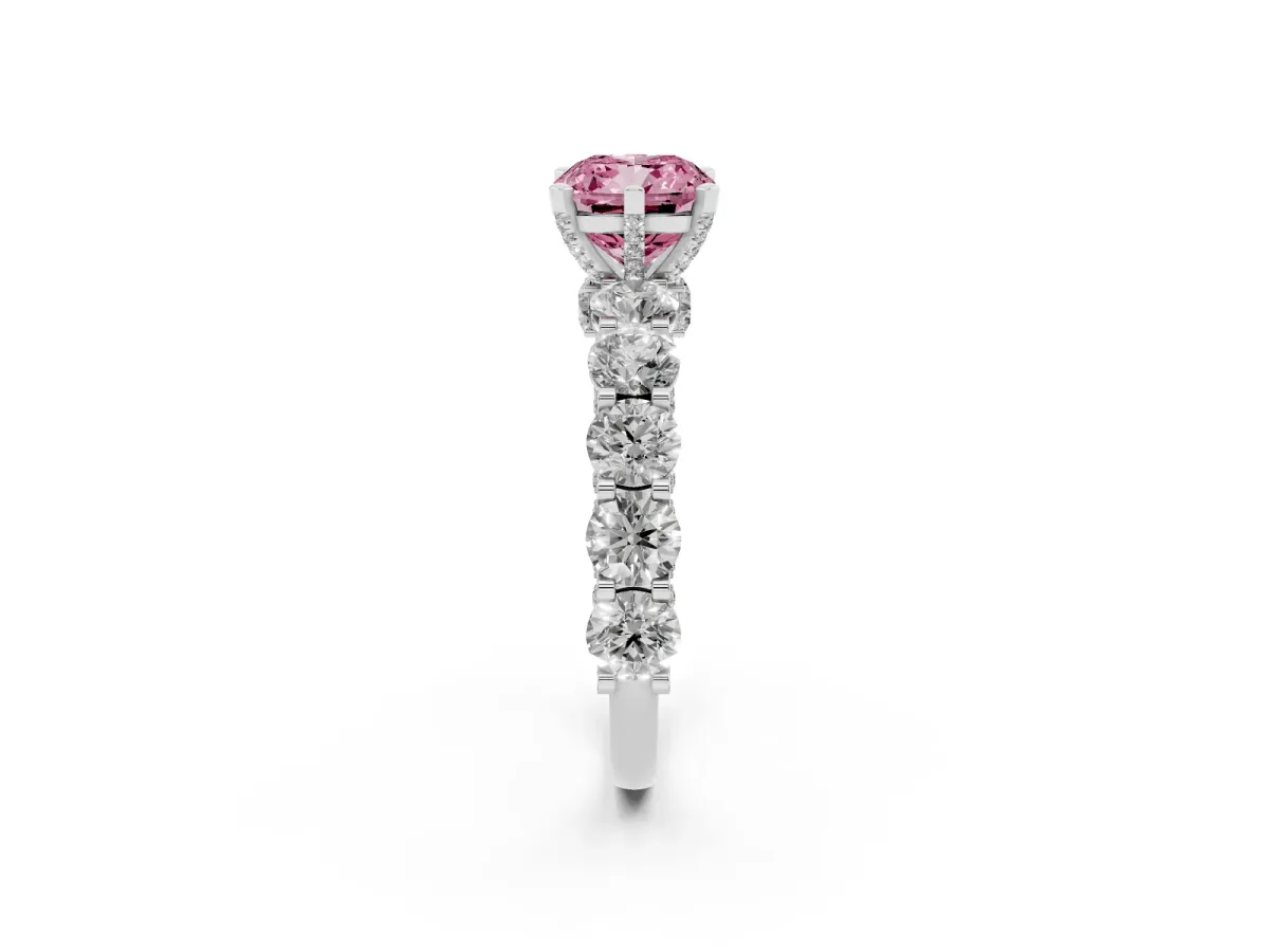 Fancy Pink Cushion Cut Diamond Side Stone Engagement Ring with Four-Prong Setting Platinum